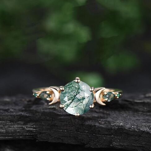 10K 14K 18K Rose Gold 2CT Round Natural Moss Agate Engagement Ring Set for Women 925 Sterling Silver 8mm Genuine Green Moss Agate Leaf Art Deco Bridal Wedding Ring Set (Size 4-15)-7 in Saudi Arabia