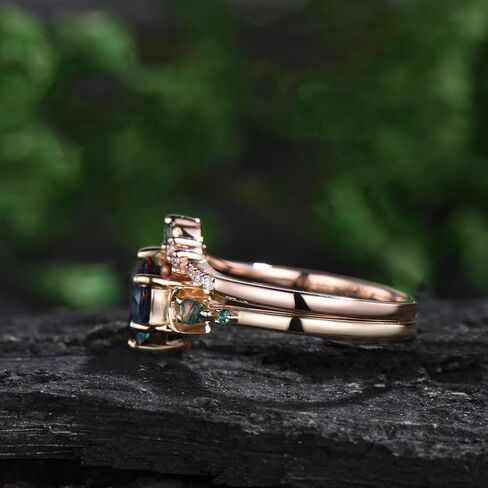 10K 14K 18K Rose Gold 2CT Round Natural Moss Agate Engagement Ring Set for Women 925 Sterling Silver 8mm Genuine Green Moss Agate Leaf Art Deco Bridal Wedding Ring Set (Size 4-15)-7 in Saudi Arabia