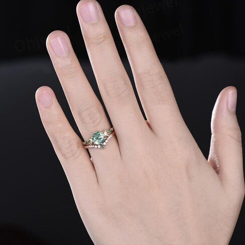 10K 14K 18K Rose Gold 2CT Round Natural Moss Agate Engagement Ring Set for Women 925 Sterling Silver 8mm Genuine Green Moss Agate Leaf Art Deco Bridal Wedding Ring Set (Size 4-15)-7 in Saudi Arabia