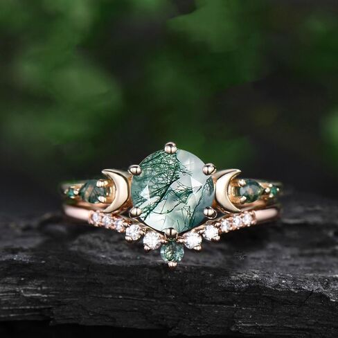 10K 14K 18K Rose Gold 2CT Round Natural Moss Agate Engagement Ring Set for Women 925 Sterling Silver 8mm Genuine Green Moss Agate Leaf Art Deco Bridal Wedding Ring Set (Size 4-15)-7 in Saudi Arabia