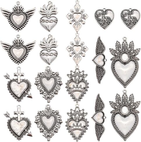 Sunnyclue 1 Box 16pcs 8 Styles Heart Charms Scred Heart Charms Bulk Tibetan Silver Alloy Wings Holday Charms for Jewelry Making Diy Netlace Strainring Encoring Halloween Decoration Gift in Saudi Arabia