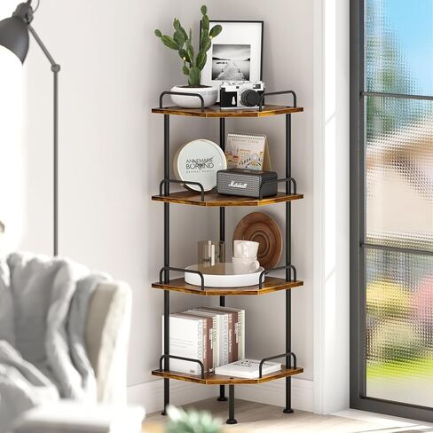 Corner Shelf Stand with Wheel 4-Tier Removable Corner Bookshelf Wood Storage Display Shelf for Bedroom Living Room in Saudi Arabia