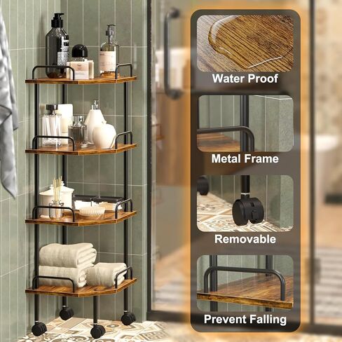 Corner Shelf Stand with Wheel 4-Tier Removable Corner Bookshelf Wood Storage Display Shelf for Bedroom Living Room in Saudi Arabia