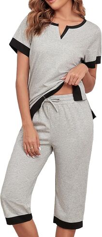 Cotton Pajama Sets For Women Soft Sleepwear 2 Pieces Lounge Set Comfy Top And Capri Pants With Pockets in Saudi Arabia