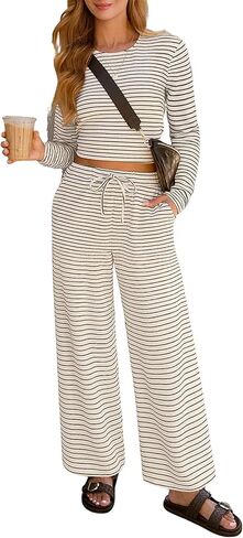 Lazysmile Lounge Sets For Women Casual Striped 2 Piece Outfits Long Sleeve Tops and Wide Leg Pants Loungewear in Saudi Arabia