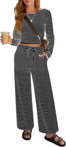Lazysmile Lounge Sets For Women Casual Striped 2 Piece Outfits Long Sleeve Tops and Wide Leg Pants Loungewear in Saudi Arabia