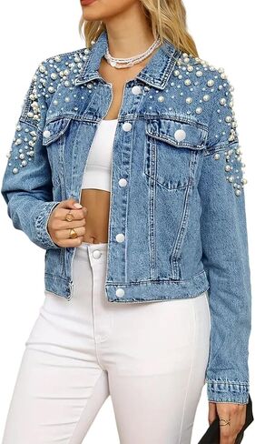 Jean Jacket Oversized,Women's 3/4 Sleeve Colored Cropped Denim Jacket Plus Size,Cropped Trendy Ttretchy Rhinestone in Saudi Arabia