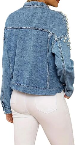 Jean Jacket Oversized,Women's 3/4 Sleeve Colored Cropped Denim Jacket Plus Size,Cropped Trendy Ttretchy Rhinestone in Saudi Arabia