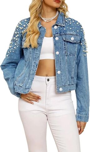 Jean Jacket Oversized,Women's 3/4 Sleeve Colored Cropped Denim Jacket Plus Size,Cropped Trendy Ttretchy Rhinestone in Saudi Arabia