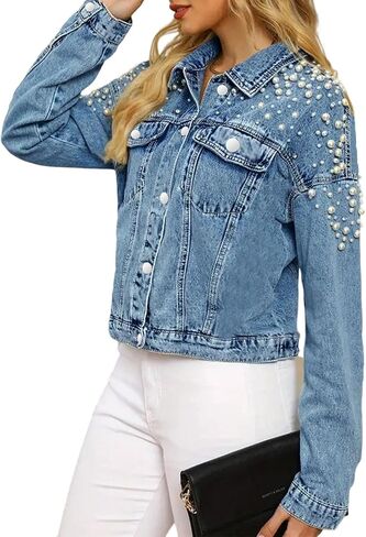 Jean Jacket Oversized,Women's 3/4 Sleeve Colored Cropped Denim Jacket Plus Size,Cropped Trendy Ttretchy Rhinestone in Saudi Arabia