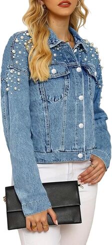 Jean Jacket Oversized,Women's 3/4 Sleeve Colored Cropped Denim Jacket Plus Size,Cropped Trendy Ttretchy Rhinestone in Saudi Arabia