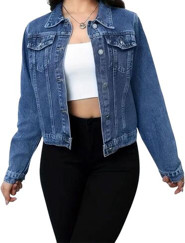Jean Jacket Oversized,Women's 3/4 Sleeve Colored Cropped Denim Jacket Plus Size,Cropped Trendy Ttretchy Rhinestone in Kuwait