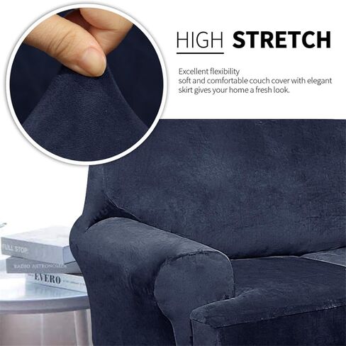 2 Pieces Stretch Sofa Covers T Cushion Chair Armchair Slipcovers with 1 Individual Thick Velvet T Cushion Shape Seat Couch Cover Furniture Protector Covers for Living Room in Saudi Arabia