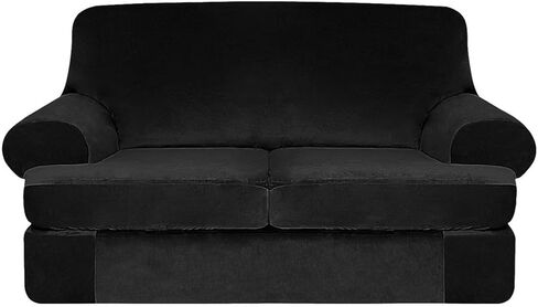 2 Pieces Stretch Sofa Covers T Cushion Chair Armchair Slipcovers with 1 Individual Thick Velvet T Cushion Shape Seat Couch Cover Furniture Protector Covers for Living Room in Saudi Arabia