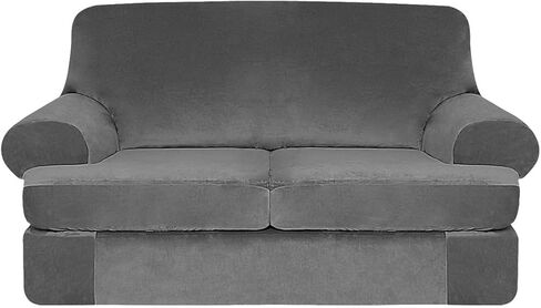2 Pieces Stretch Sofa Covers T Cushion Chair Armchair Slipcovers with 1 Individual Thick Velvet T Cushion Shape Seat Couch Cover Furniture Protector Covers for Living Room in Saudi Arabia