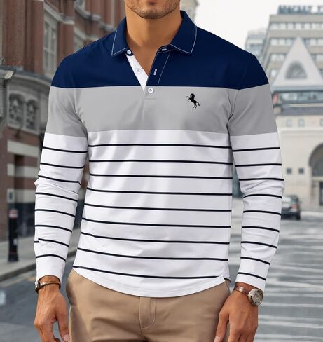 Men's Casual Collared Polo Shirt – 3D Striped Print, Long Sleeve Classic Fit, Weekend to Work, S-2XL in Saudi Arabia