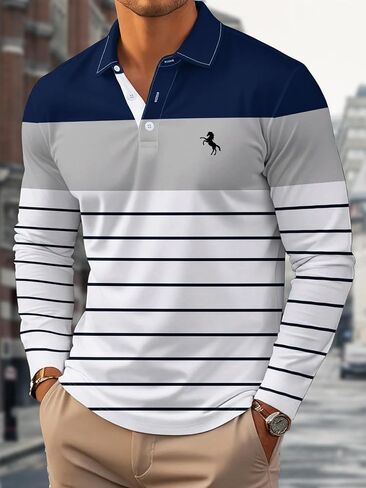 Men's Casual Collared Polo Shirt – 3D Striped Print, Long Sleeve Classic Fit, Weekend to Work, S-2XL in Saudi Arabia