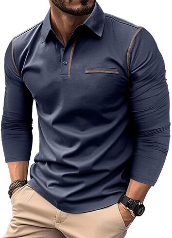 Men's Casual Polo Shirts Classic Long Sleeve Basic Button T-Shirt Lightweight Cotton Golf Tops Work Pullover Shirts in Saudi Arabia