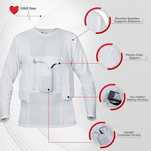 LVAD HeartMate Men’s Full Sleeves Shirt – Lightweight Device Support with Hidden Battery Pockets, Controller Pocket & Zippers (White, 2XL) in Saudi Arabia