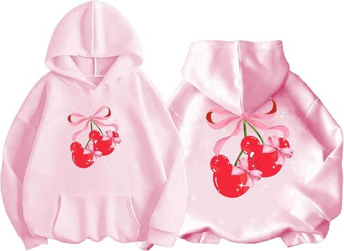 Girls Long Sleeve Hooded Sweatshirt Cherry and Bow Graphic Girls Hoodies Cute Fall Pullover Tops in Saudi Arabia