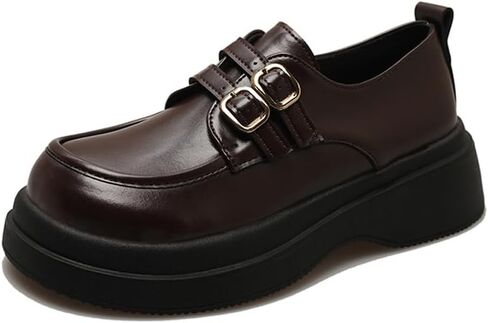 MGGMOKAY Women's Chunky Loafers Leather Loafer Shoes with Adjustable Double Buckle in Saudi Arabia