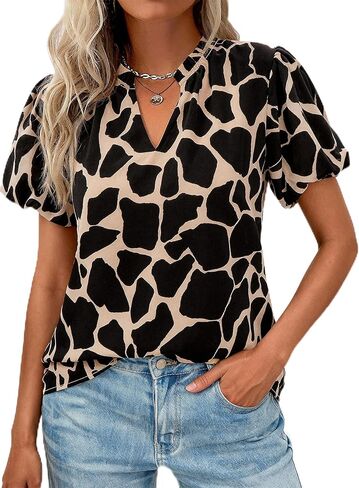 MASCOMODA Boho Short Sleeve Floral Work Blouses for Women Dressy Casual V Neck Puff Sleeve Loose Chiffon Flowy Tops Shirts in Kuwait