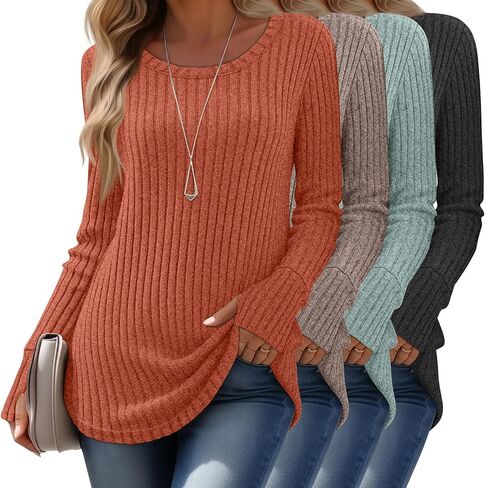 4 Pack Women's Long Sleeve Sweaters with Thumb Holes Crew Neck Tunic Tops Fall Loose Fit Shirts Ribbed Curved Hem in Saudi Arabia