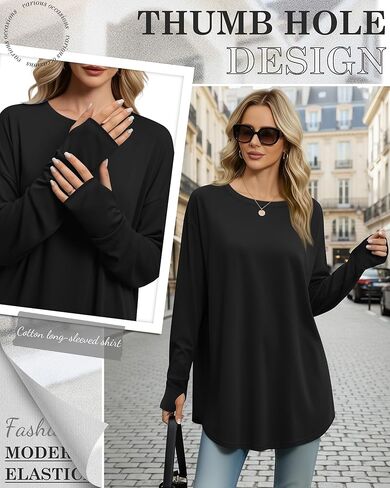95% Cotton Long Sleeve Shirt for Women, Thumb Hole Oversized Tunic Tops, Crew Neck Loose Fit Trendy Basic Tees in Saudi Arabia
