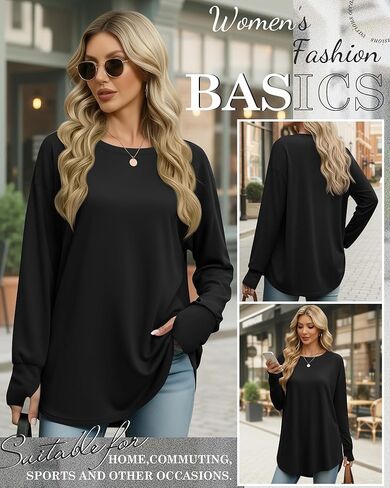 95% Cotton Long Sleeve Shirt for Women, Thumb Hole Oversized Tunic Tops, Crew Neck Loose Fit Trendy Basic Tees in Saudi Arabia