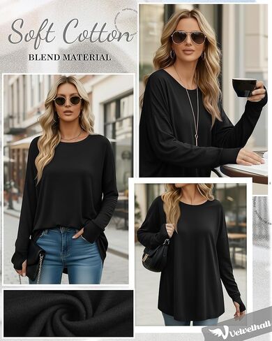 95% Cotton Long Sleeve Shirt for Women, Thumb Hole Oversized Tunic Tops, Crew Neck Loose Fit Trendy Basic Tees in Saudi Arabia