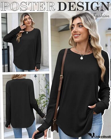 95% Cotton Long Sleeve Shirt for Women, Thumb Hole Oversized Tunic Tops, Crew Neck Loose Fit Trendy Basic Tees in Saudi Arabia