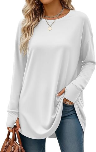 95% Cotton Long Sleeve Shirt for Women, Thumb Hole Oversized Tunic Tops, Crew Neck Loose Fit Trendy Basic Tees in Saudi Arabia