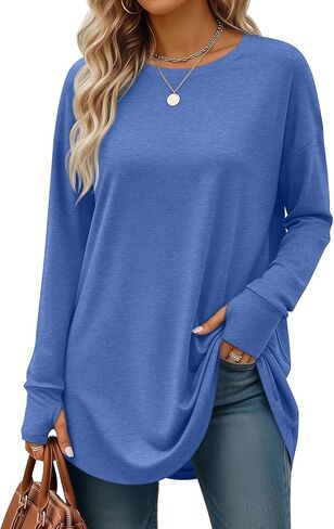 95% Cotton Long Sleeve Shirt for Women, Thumb Hole Oversized Tunic Tops, Crew Neck Loose Fit Trendy Basic Tees in Saudi Arabia