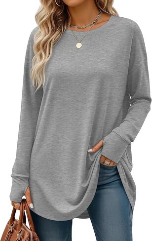 95% Cotton Long Sleeve Shirt for Women, Thumb Hole Oversized Tunic Tops, Crew Neck Loose Fit Trendy Basic Tees in Saudi Arabia