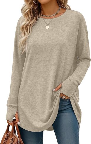 95% Cotton Long Sleeve Shirt for Women, Thumb Hole Oversized Tunic Tops, Crew Neck Loose Fit Trendy Basic Tees in Saudi Arabia