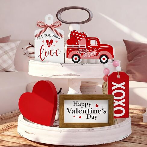 مجموعة ديكور صينية متدرجة لعيد الحب - 5 قطع علامات خشبية على شكل قلب XOXO Bead Garland، ديكورات عيد الحب للمنزل وطاولة المطبخ وحفلات الحفلات in Kuwait