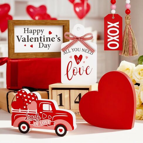 مجموعة ديكور صينية متدرجة لعيد الحب - 5 قطع علامات خشبية على شكل قلب XOXO Bead Garland، ديكورات عيد الحب للمنزل وطاولة المطبخ وحفلات الحفلات in Kuwait