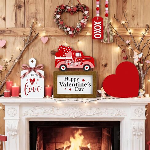 مجموعة ديكور صينية متدرجة لعيد الحب - 5 قطع علامات خشبية على شكل قلب XOXO Bead Garland، ديكورات عيد الحب للمنزل وطاولة المطبخ وحفلات الحفلات in Kuwait