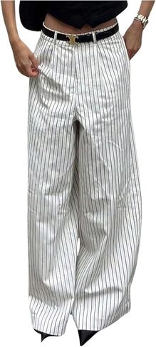 MakeMeChic Women's Striped Wide Leg Pants Elastic Waist Baggy Business Dress Trousers in Saudi Arabia