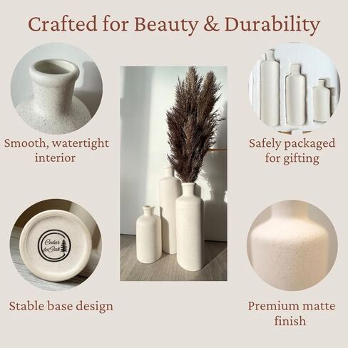 Tall Off-White Ceramic Vase Set of 3– Large Modern Farmhouse Decor Vases for Living Room, Coffee Table & Shelf Styling – Minimalist Neutral Decorative Flower Vases, Elegant Home Accent Gift in Saudi Arabia