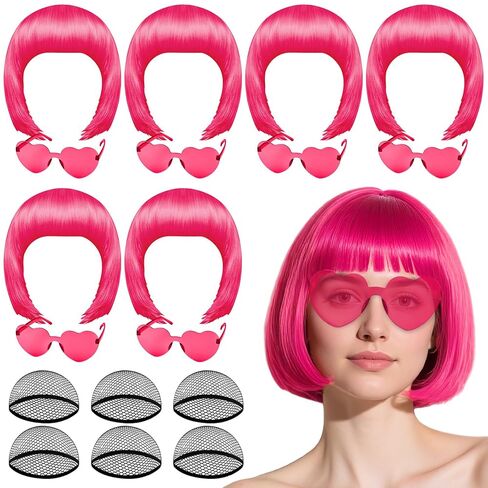 PLULON 6 Pack Purple Bob Wig with Heart Sunglasses and Hair Cap for Women, Colorful Cosplay Costume Neon Short Bob Wigs Funny Hairpieces Daily Bachelorette Halloween Costume Party Decorations in Saudi Arabia
