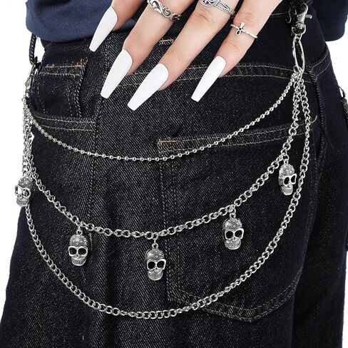 Pants Chain for Men&Women, Pants Chains for Jeans, Hip Hop Pant Chain Belt, Punk Multi-Layer Heavy Duty Skull ChainBelt for Biker (Silver) in Saudi Arabia