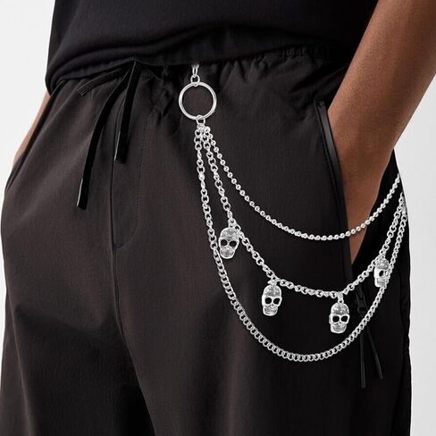 Pants Chain for Men&Women, Pants Chains for Jeans, Hip Hop Pant Chain Belt, Punk Multi-Layer Heavy Duty Skull ChainBelt for Biker (Silver) in Saudi Arabia