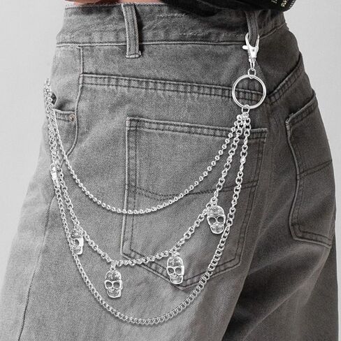 Pants Chain for Men&Women, Pants Chains for Jeans, Hip Hop Pant Chain Belt, Punk Multi-Layer Heavy Duty Skull ChainBelt for Biker (Silver) in Saudi Arabia