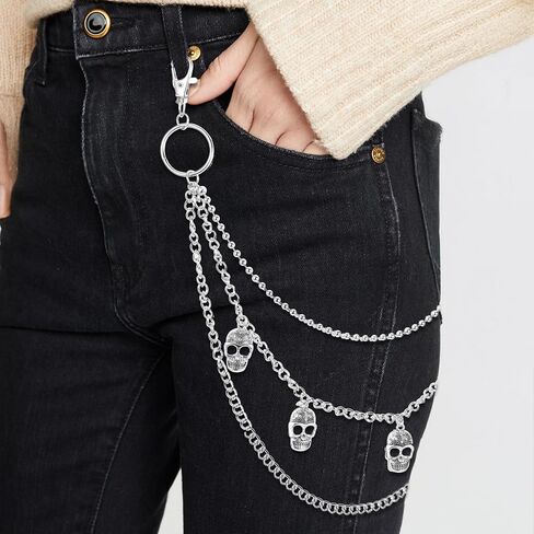 Pants Chain for Men&Women, Pants Chains for Jeans, Hip Hop Pant Chain Belt, Punk Multi-Layer Heavy Duty Skull ChainBelt for Biker (Silver) in Saudi Arabia