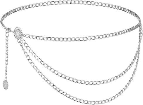 Women's Metal Waist Chain Silver Waist Chain Multilayer Metal Belt Adjustable Body Link Belly Link for Dress, Skirt, Jeans in Saudi Arabia
