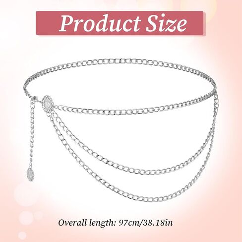 Women's Metal Waist Chain Silver Waist Chain Multilayer Metal Belt Adjustable Body Link Belly Link for Dress, Skirt, Jeans in Saudi Arabia