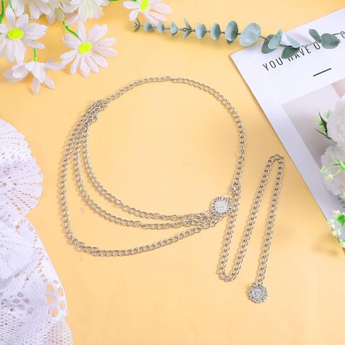 Women's Metal Waist Chain Silver Waist Chain Multilayer Metal Belt Adjustable Body Link Belly Link for Dress, Skirt, Jeans in Saudi Arabia