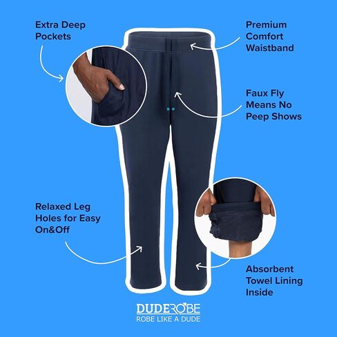 رداء DudeRobe رجالي بغطاء للرأس مقاس S/M باللون الكحلي وسروال رياضي S/M بأرجل مستقيمة وجزء سفلي مفتوح، من Shark Tank! رداء قطني مريح وذو قدرة على الامتصاص بعد الاستحمام in Kuwait