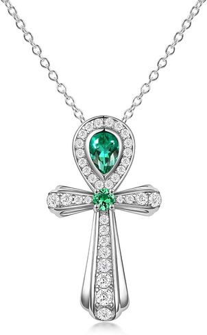 FWM Moissanite Green Emerald Sparkly Pendant Necklace for Women, Ankh Cross/Flower/Round Cross/Square Vintage Design, Solid 925 Sterling Silver, Present to Wife Girlfriend Mom Daughter in Saudi Arabia